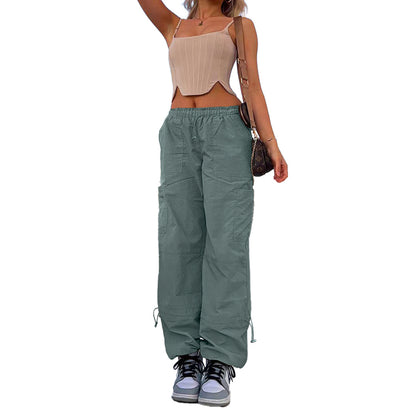 Women Clothing Loose Tied Multi Bag Straight Stretch Workwear Casual Pants