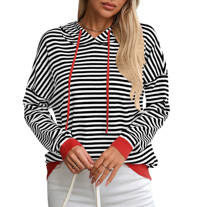 Autumn Winter Women Clothing Striped Contrast Color Long Sleeves Casual Sweater Hoodie for Women