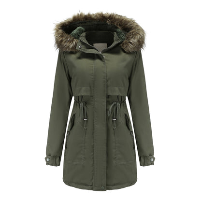 Abrigo acolchado de algodón para mujer, cuello de piel desmontable, gorro desmontable, parka acolchada para mujer