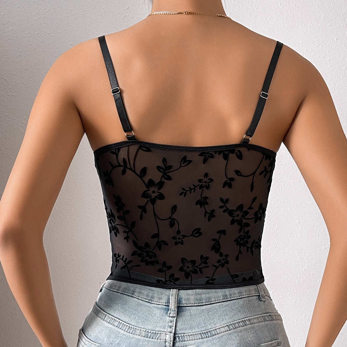 Top corto con cintura de corsé para mujer, Top Sexy de corte bajo transparente con costuras y costuras de malla