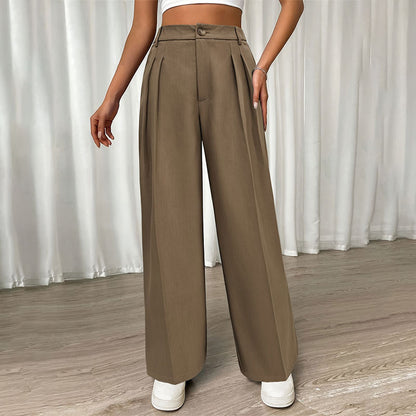 Women Clothing Office Pleated Loose High Waist Straight Pants Casual Pants Solid Color Pants Women Summer Pants Women