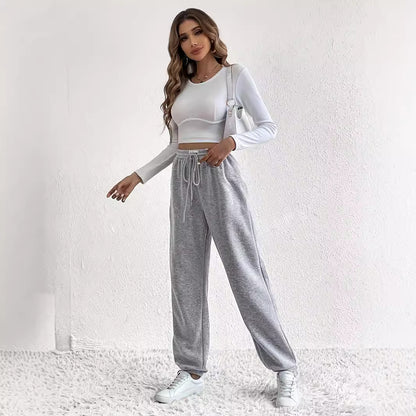 Women Clothing Pants Gray Pants Loose Straight Casual Pants Ankle Tied Wide Leg Sweatpants Drawstring Sports Pants Women