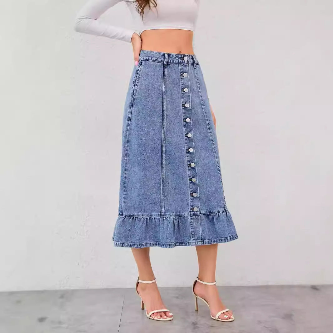 Denim Skirt Women High Waist A line Slimming Cover Fishtail Ruffled Sexy Long Skirt