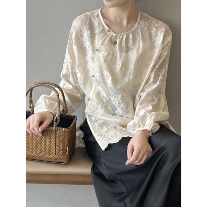 Chinese Traditional Retro Buckle Lace Small Shirt Women Spring Summer Pullover Shirt