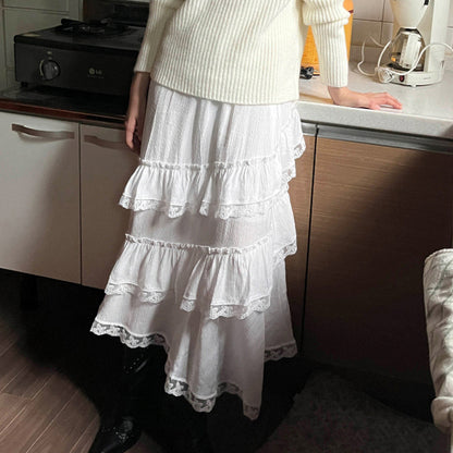 Autumn Winter Sexy White Lace Stitching Sweet Girl Elegant Cake Skirt