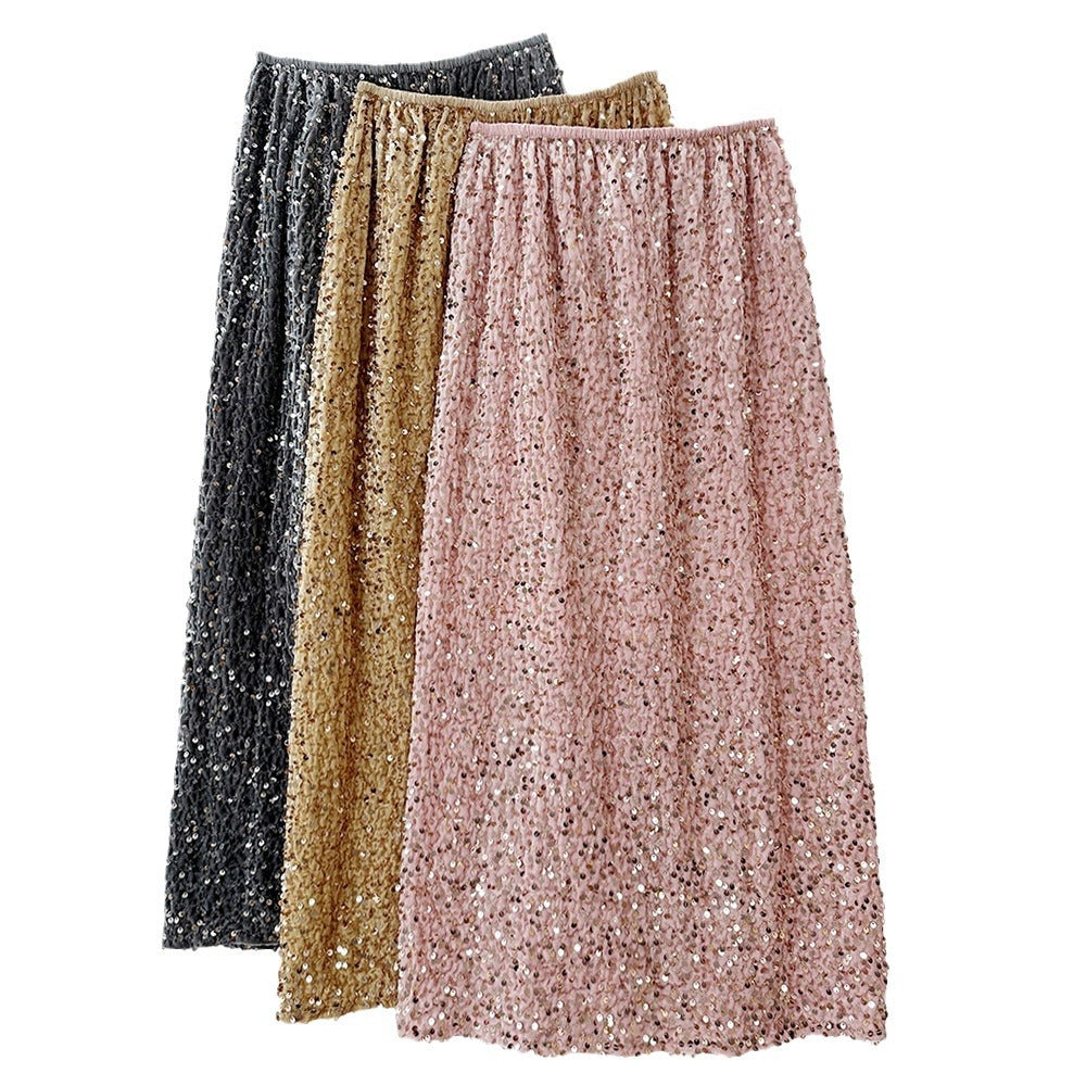 Falda de terciopelo con lentejuelas para mujer, falda cruzada hasta la cadera, falda recta retro brillante de longitud media, falda negra para otoño e invierno