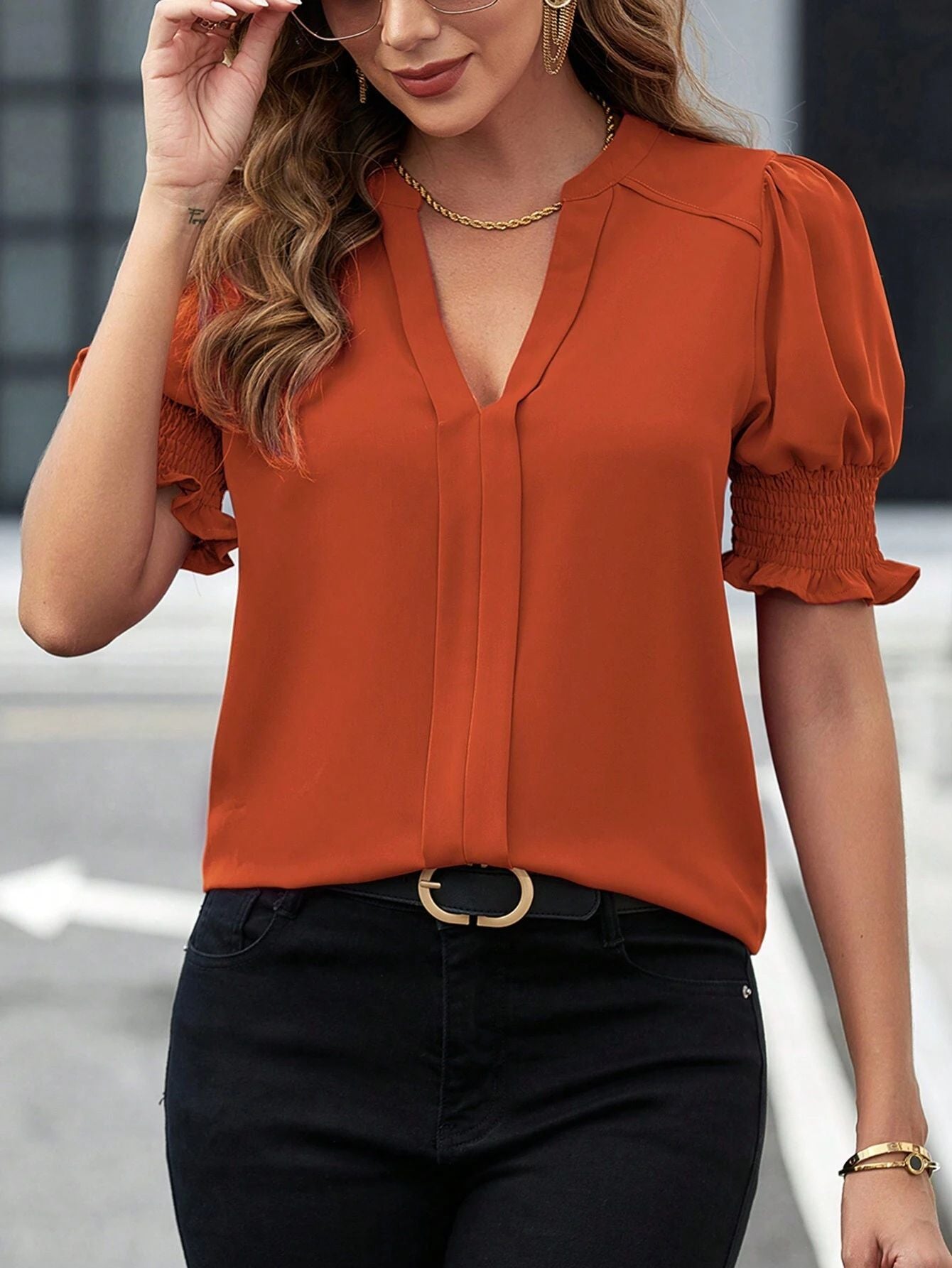 Women Clothing Summer V neck Elegant Puff Sleeve Solid Color Shirt Women Top