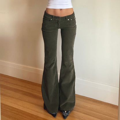 Early Winter Retro Sexy Low Waist Slimming Bootcut Pants Women's Simple All Match Solid Color Corduroy Casual Pants