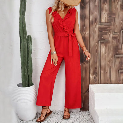 Women Jacquard Striped Ruffled Wide Leg Pants Women Belt Straight Sleeveless Casual Pants Women Jumpsuit