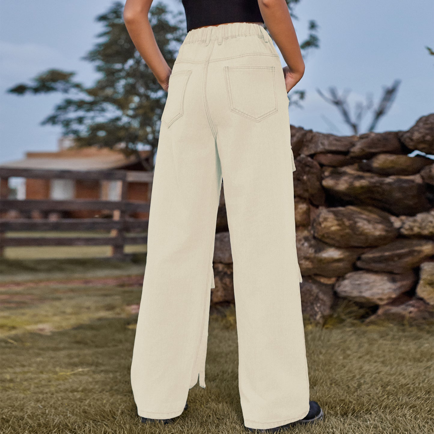 Ropa de mujer lavada Vintage personalizada industria pesada diseño de cinta pantalones vaqueros Cargo pantalones casuales