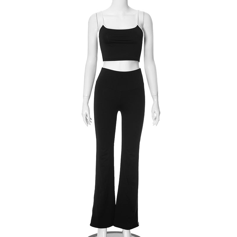 Women Clothing Summer Suspender Cropped Tank Top High Waist Trousers Contrast Color Set