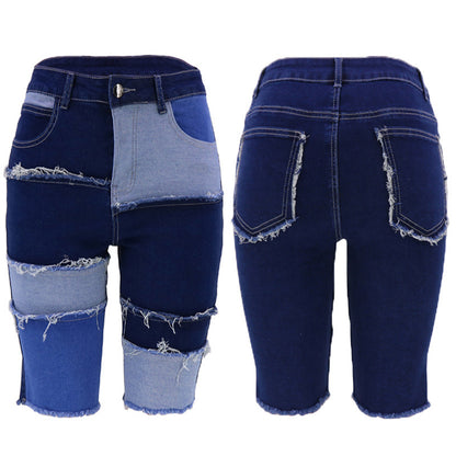 Mode cinq points Denim femmes pantalons nouveau haute élastique hanche levage Patchwork pantalon populaire