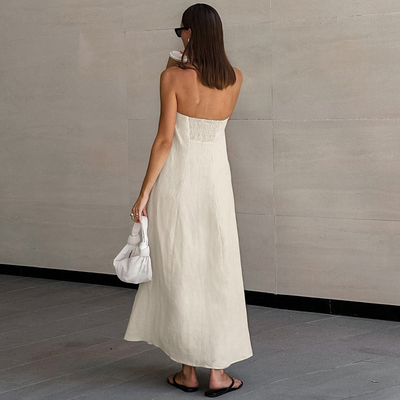 Robe Tube en coton et lin kaki français, haut tubulaire, taille haute, dos nu, robe Maxi de printemps pour femmes