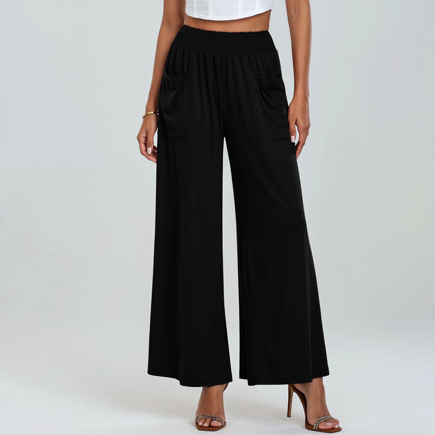 Women Clothing Elastic Waist High Waist Slightly Spicy Pants Loose Casual Trousers with Pockets