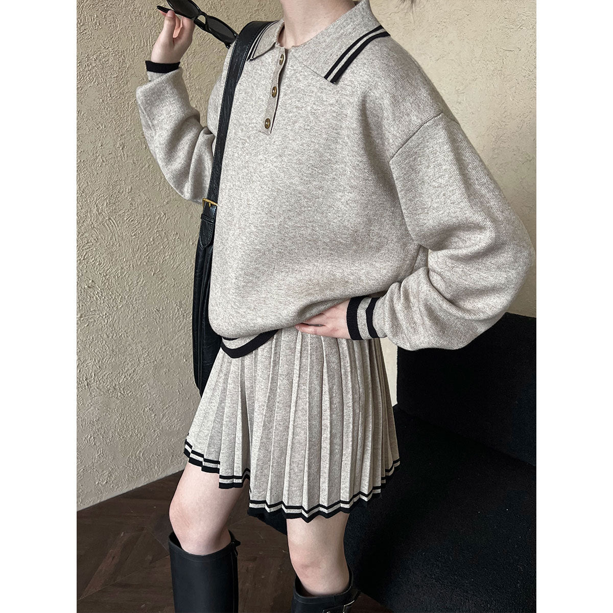 College Polo Collar Sweater High Waist Pleated Half Length Skirt Sets Women Winter