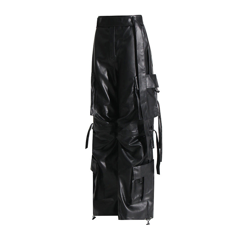 Autumn Minority Multi Pocket Design Faux Leather Overalls Trendy High Waist Straight Leg Pants