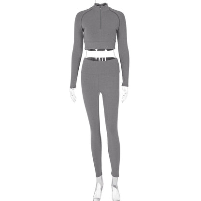 Autumn Winter Long Sleeve Zipper Slim Fit Hip Raise Trousers Two Piece Sports Yoga Set Women