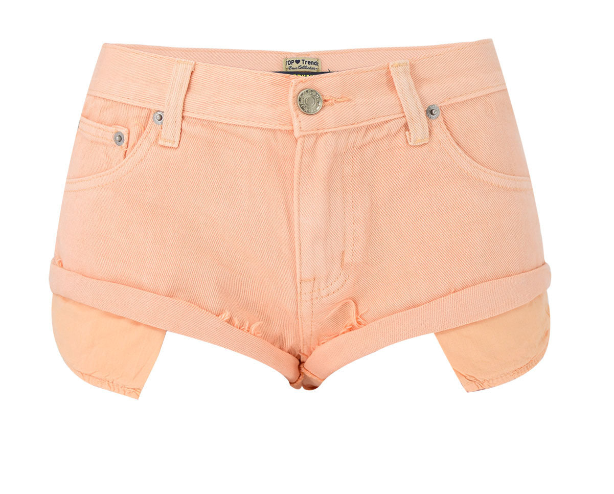 Ropa de mujer Pantalones cortos de mezclilla de cintura baja Pantalones de playa sueltos no elásticos con bolsillo expuesto y rizado Macaron Pink