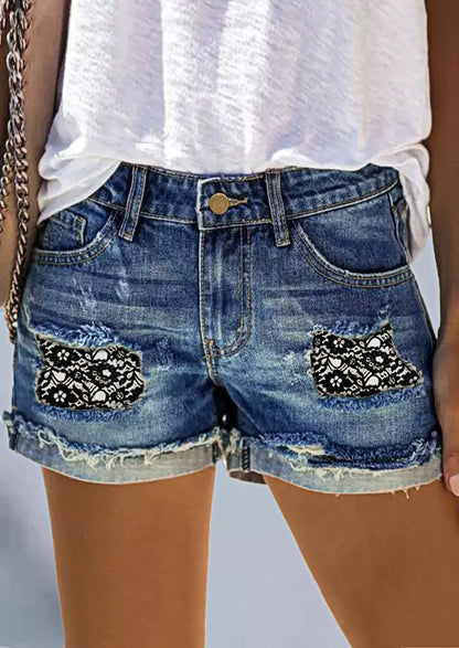 Jean déchiré taille haute pour femmes, short en Denim imprimé avec Patch Hipster de rue