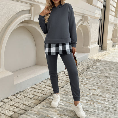 Automne Hiver Femmes Vêtements Décontracté Contraste Couleur Plaid Pull À Capuche Cheville Noué Pantalon Costume