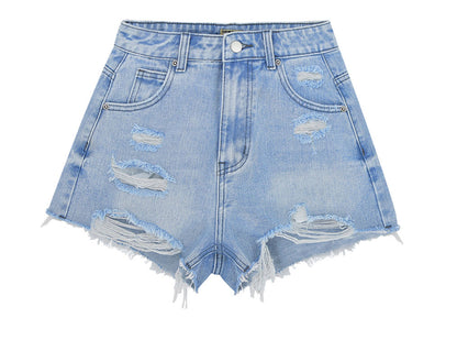 Women Clothing High Waist Soft Water Washed Hole A Line Denim Shorts Loose Wide Leg Beach Sexy Summer Pants