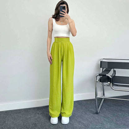 Comfortable Casual Pants Women Linen Fabric Straight High Waist Trousers