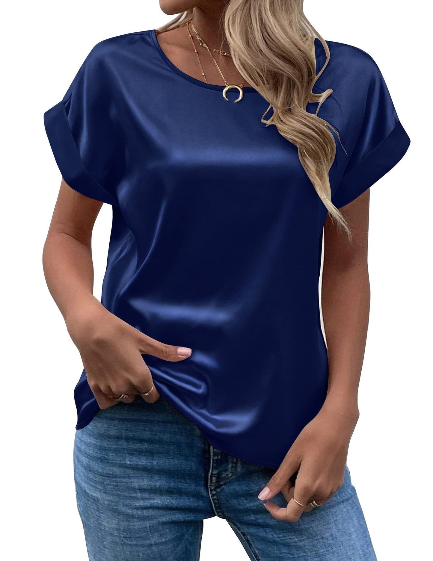 Camiseta recta de mujer con cuello redondo y jersey de satén elegante de oficina de suministro de verano