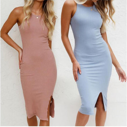 Women's Solid Color Vest Slim Long Knitted Slit Dress