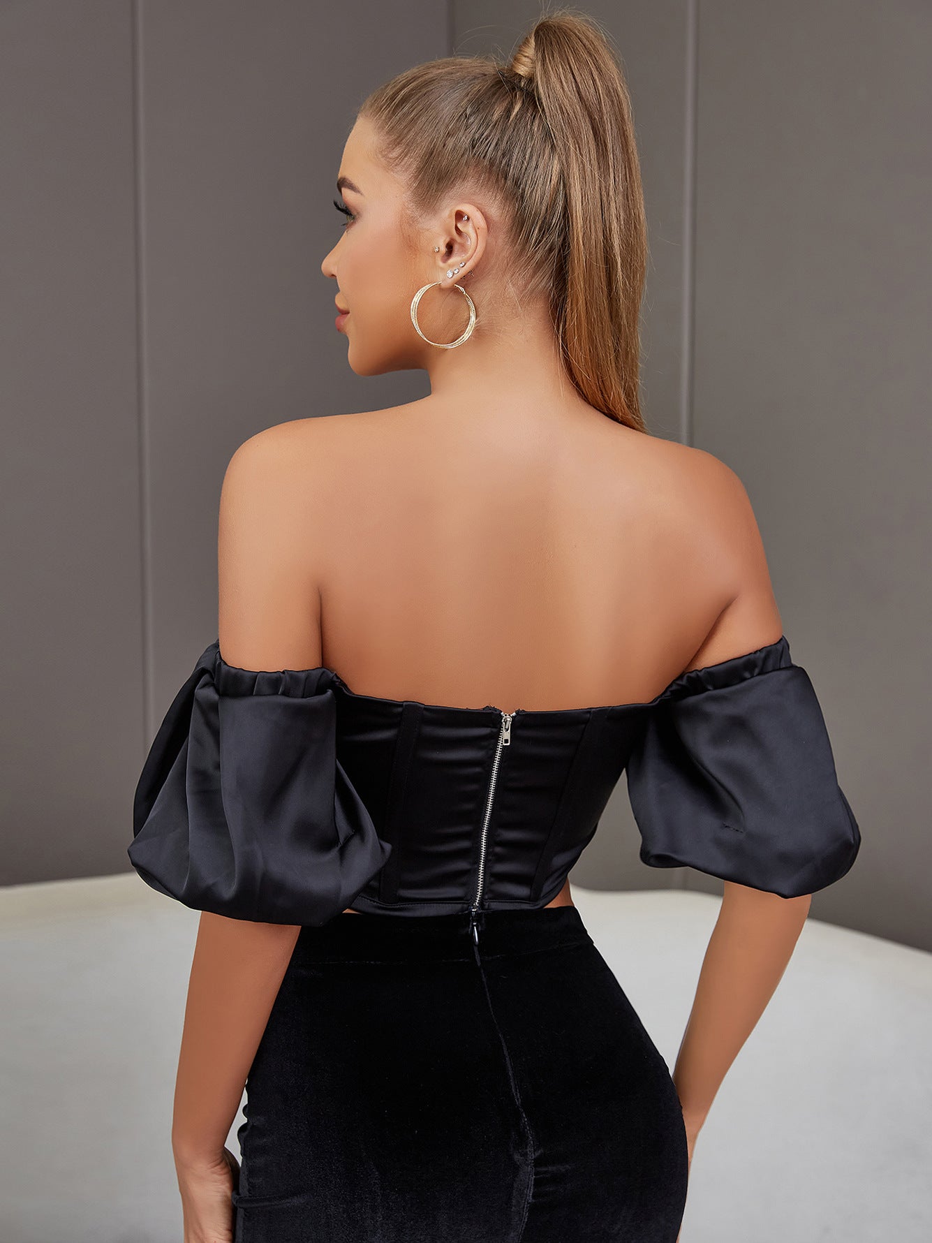 Summer off Shoulder Black Short Top Short Puff Sleeve Elegant Nightclub Tight Party Street Boning Corset Top