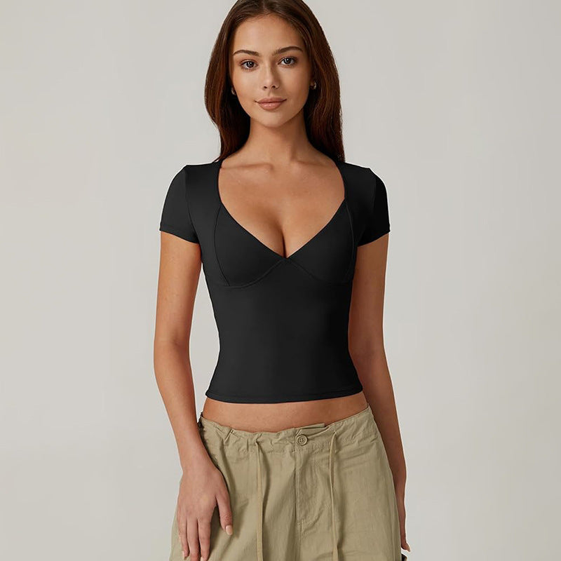 Ropa de mujer Verano Color sólido Simple Casual Cuello en V Camiseta corta delgada Top para mujer