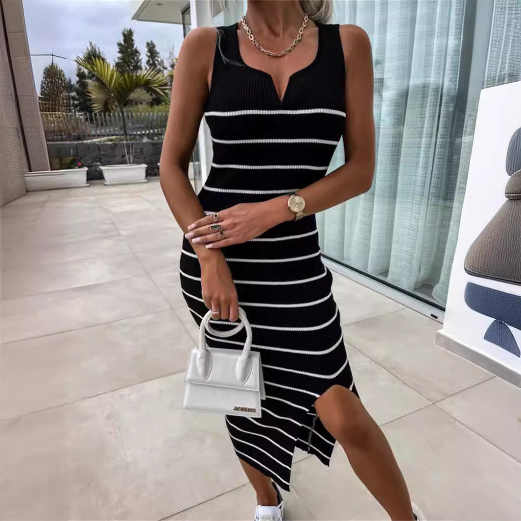 Summer Sexy Striped Knitted Skinny Hip Sleeveless Split Office Nightclub Mid Length Dress