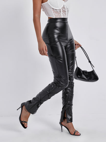 Women Pants Tight Side Fold Split High Elastic Faux Leather Nipped Waist Trousers