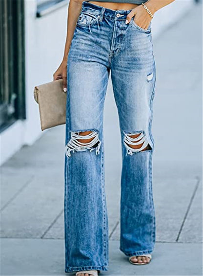 Summer High Waist Water Washed Hole Casual Denim Trousers