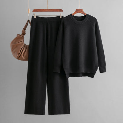 Winter Thick Sweater Women Loose Knitted Long Sleeves round Neck Wide Leg Pants Two Piece Set Women