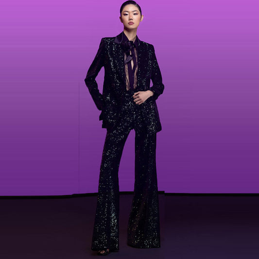 Goods – costume blazer croisé à paillettes en velours doré, coupe cintrée, pantalon slim