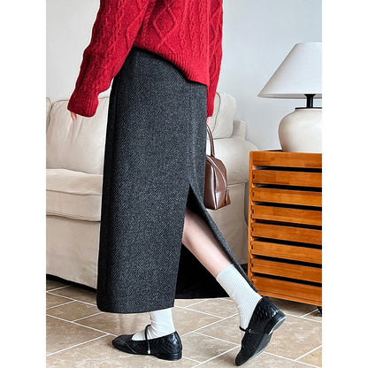 Woolen Skirt High Waist Design Pocket Autumn Winter Cover Hip Woolen Skirt