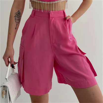 Pantalones cortos con bolsillos de fuelle de verano para mujer, pantalones cortos rectos sueltos informales de corte A