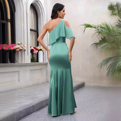 Ropa de mujer, vestido con cuello Diagonal y hombros descubiertos, cintura de Color sólido, vestido elegante ajustado, vestido largo con abertura larga