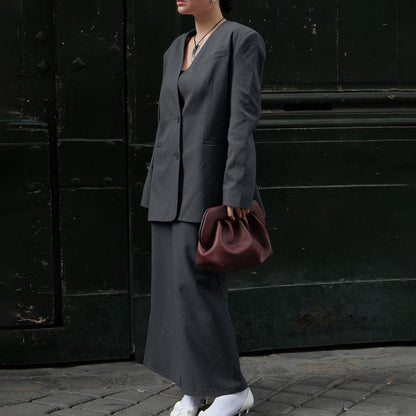 Ensemble deux pièces pour femme, blazer ample, col en V, taille haute, jupe à la hanche, début d'automne