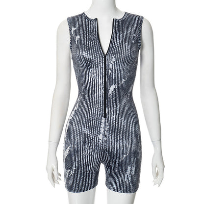 Women Clothing Summer Digital Printing Distressed Sleeveless Zipper Cardigan Casual Romper