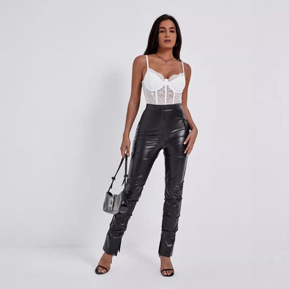 Women Pants Tight Side Fold Split High Elastic Faux Leather Nipped Waist Trousers