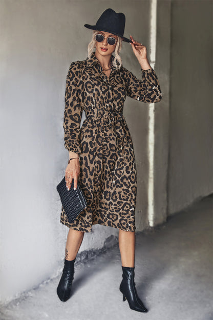 Autumn Winter Women Clothing Classic Sexy Leopard Print Long Sleeve Split Dress