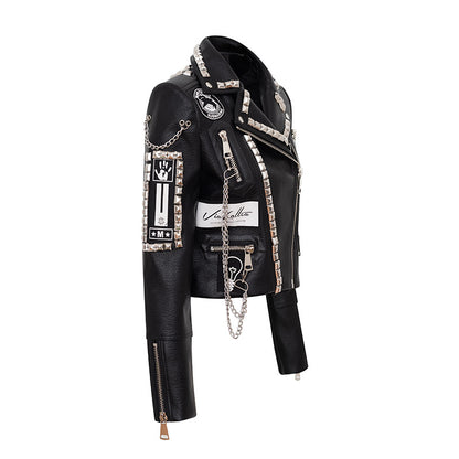 Autumn Winter Rivets Coat Graffiti Printing Leather Coat Short Slim Fitting Biker Leather Coat Women