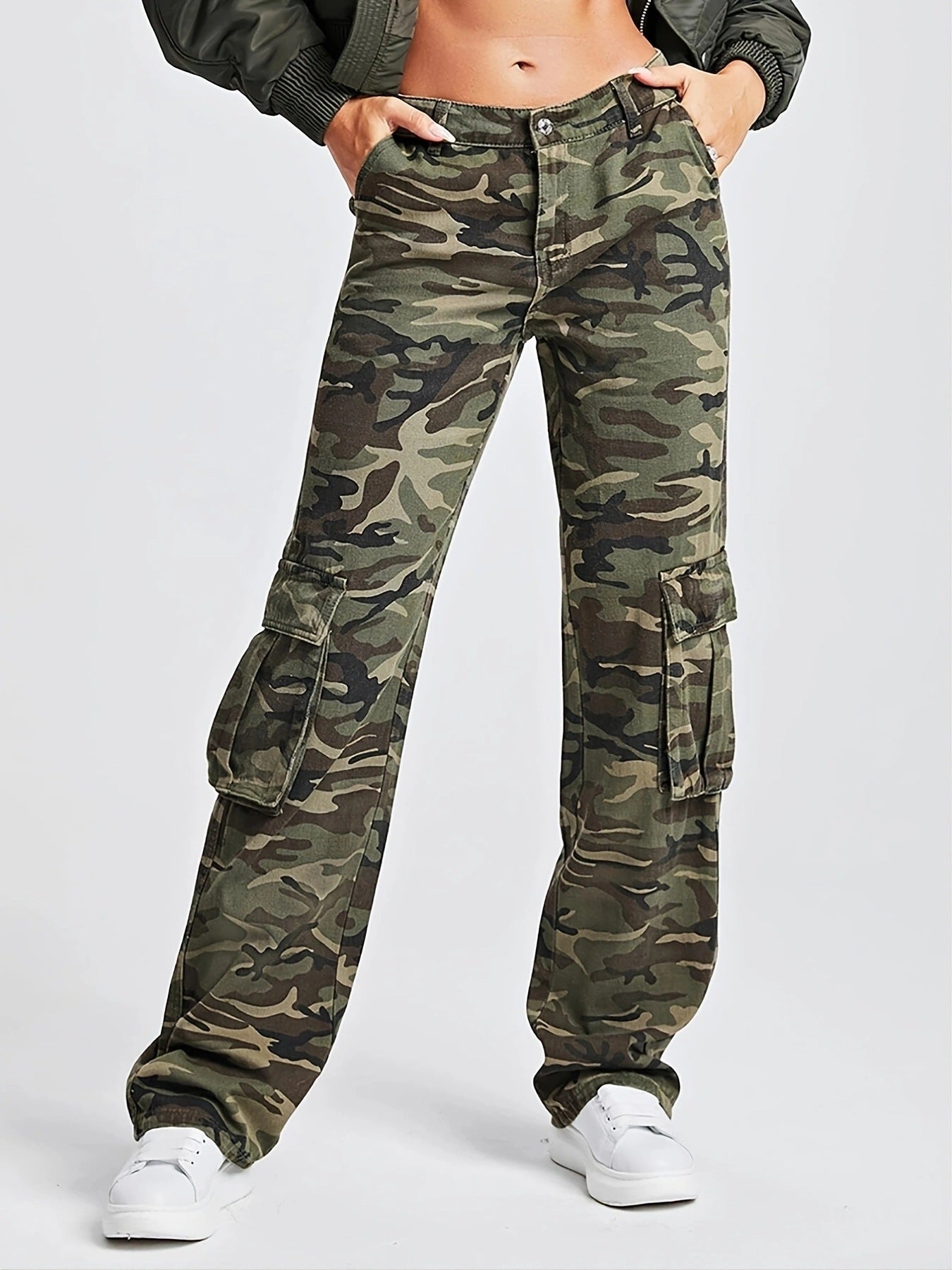 Women Camouflage Cargo Pants High Waist Multi Pocket Loose Jeans