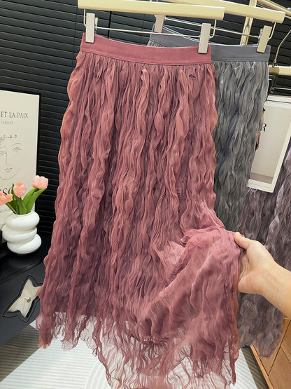 Tipsy Small Curls Pleated Irregular Asymmetric Gauze Skirt A Line Large Hem Tutu Skirt Spring Summer Fashionable Elastic Waist