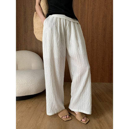 Summer Holiday Ruffle Linen Blended Lazy Relaxed Striped Casual Wide Leg Pants