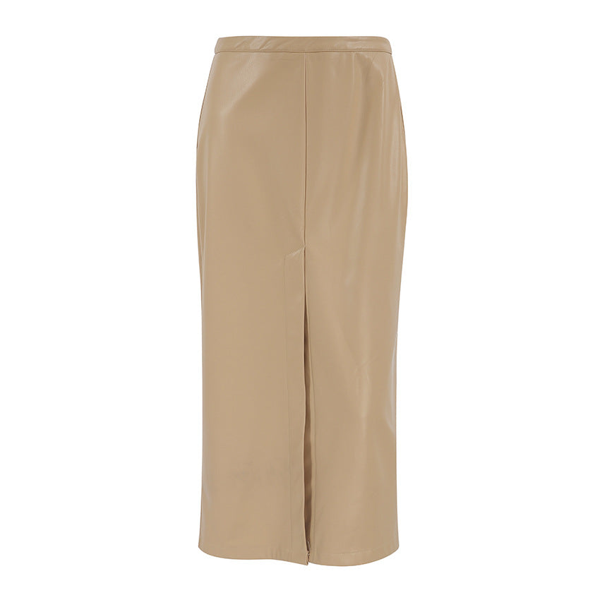 Autumn Winter Khaki Faux Leather Retro Mid Waist Slim Fit Slim Sexy Split Midi Skirt