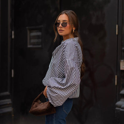 Mujer Otoño Invierno Camisa de manga larga a cuadros Camisa superior de oficina Mujer