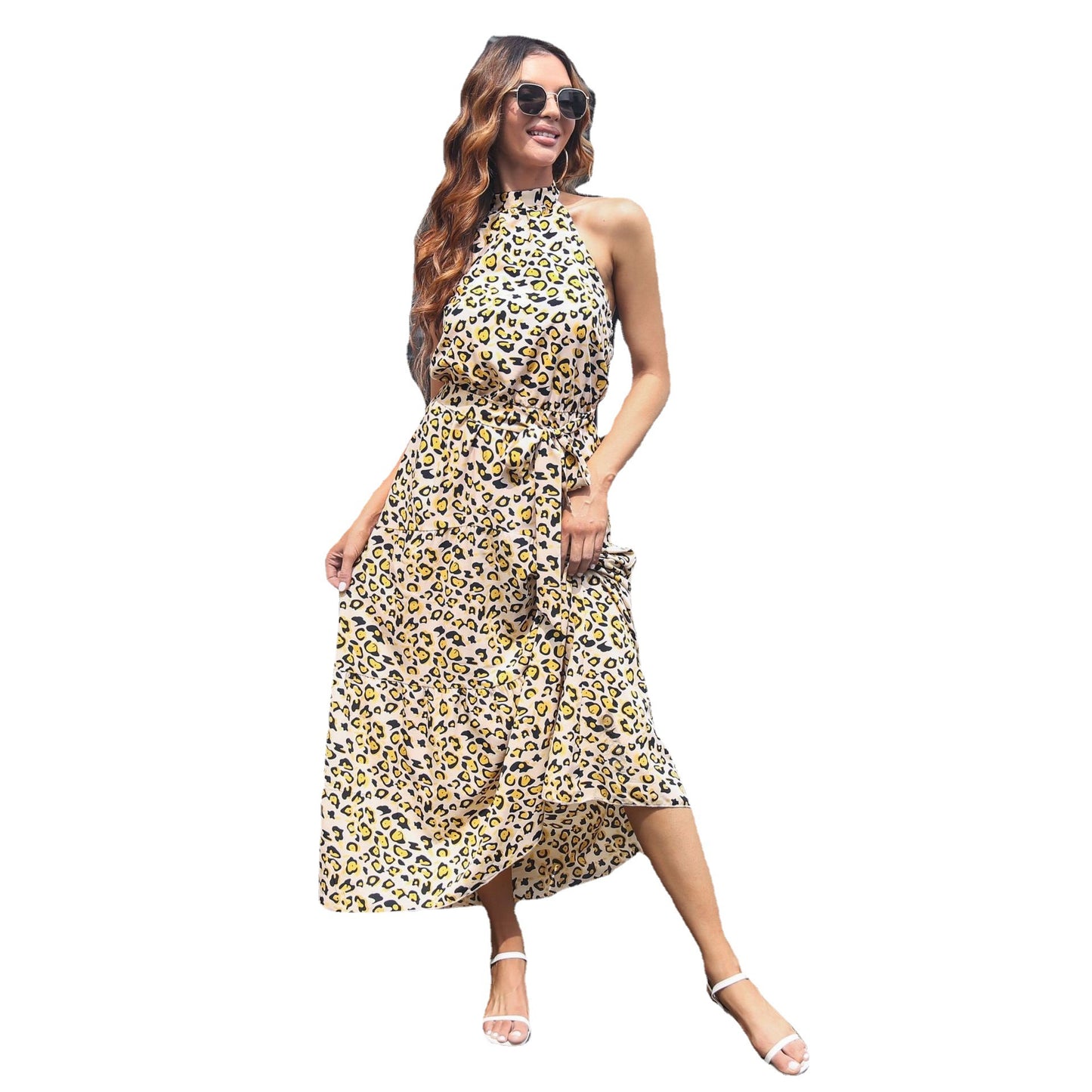 Vestido Halter de mujer, vestido de verano con estampado de leopardo, serie con cinturón, espalda descubierta, vestido grande con vuelo, ropa de mujer