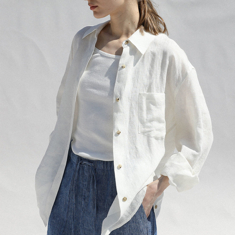 Chemise en lin pur pour femmes, Design de Niche française, manteau à revers ample, Simple, au ralenti, début d'automne